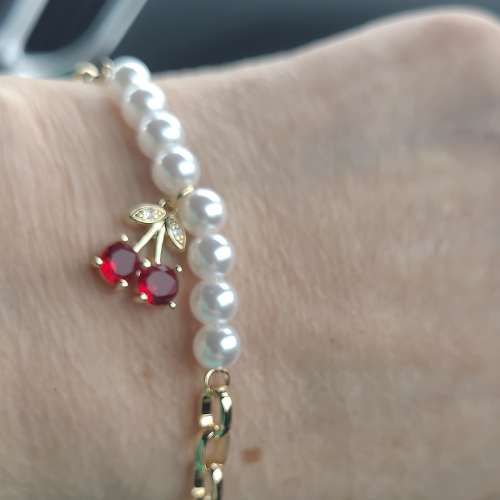 Pretty Bird Pearl and Ruby Cherry Bracelet